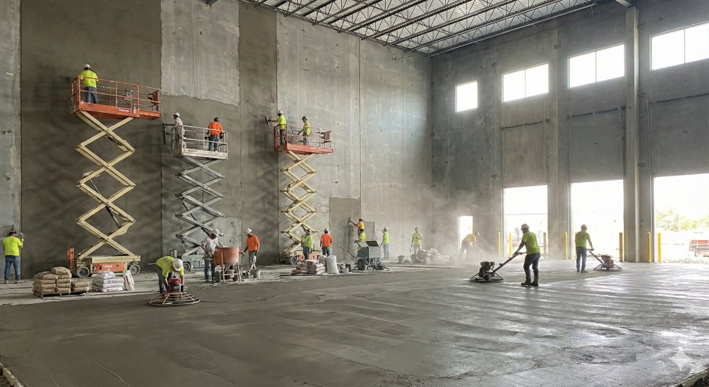 大規模倉庫の高品質左官工事プロジェクト
